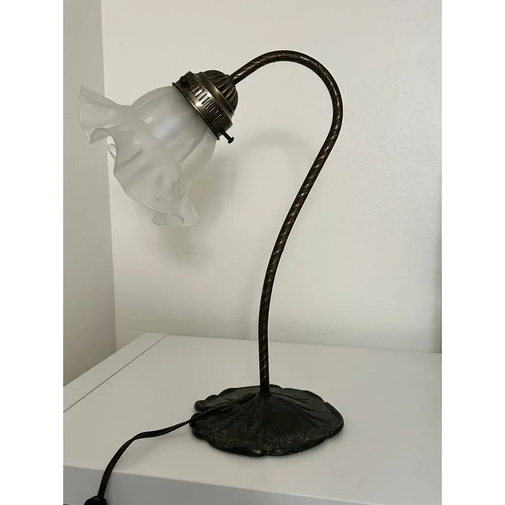 1970s VINTAGE Art Nouveau Lily Pad Gooseneck Lamp Ruffled Glass Tulip Shade